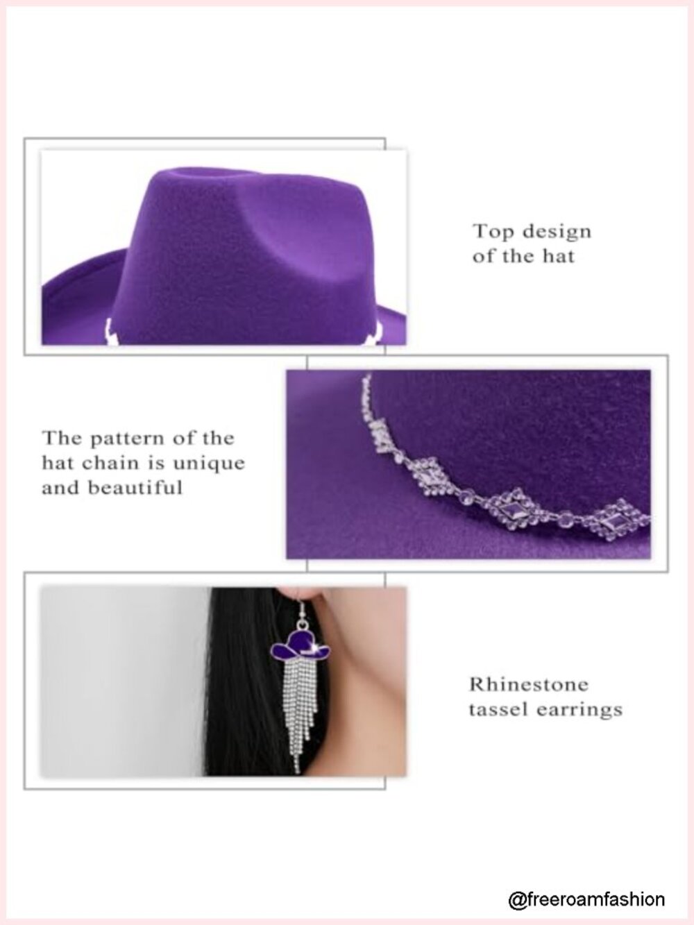 Wide Brim Cowboy Hat with Rhinestones, Bandana, Tassel Earrings - Picture 2 of 6